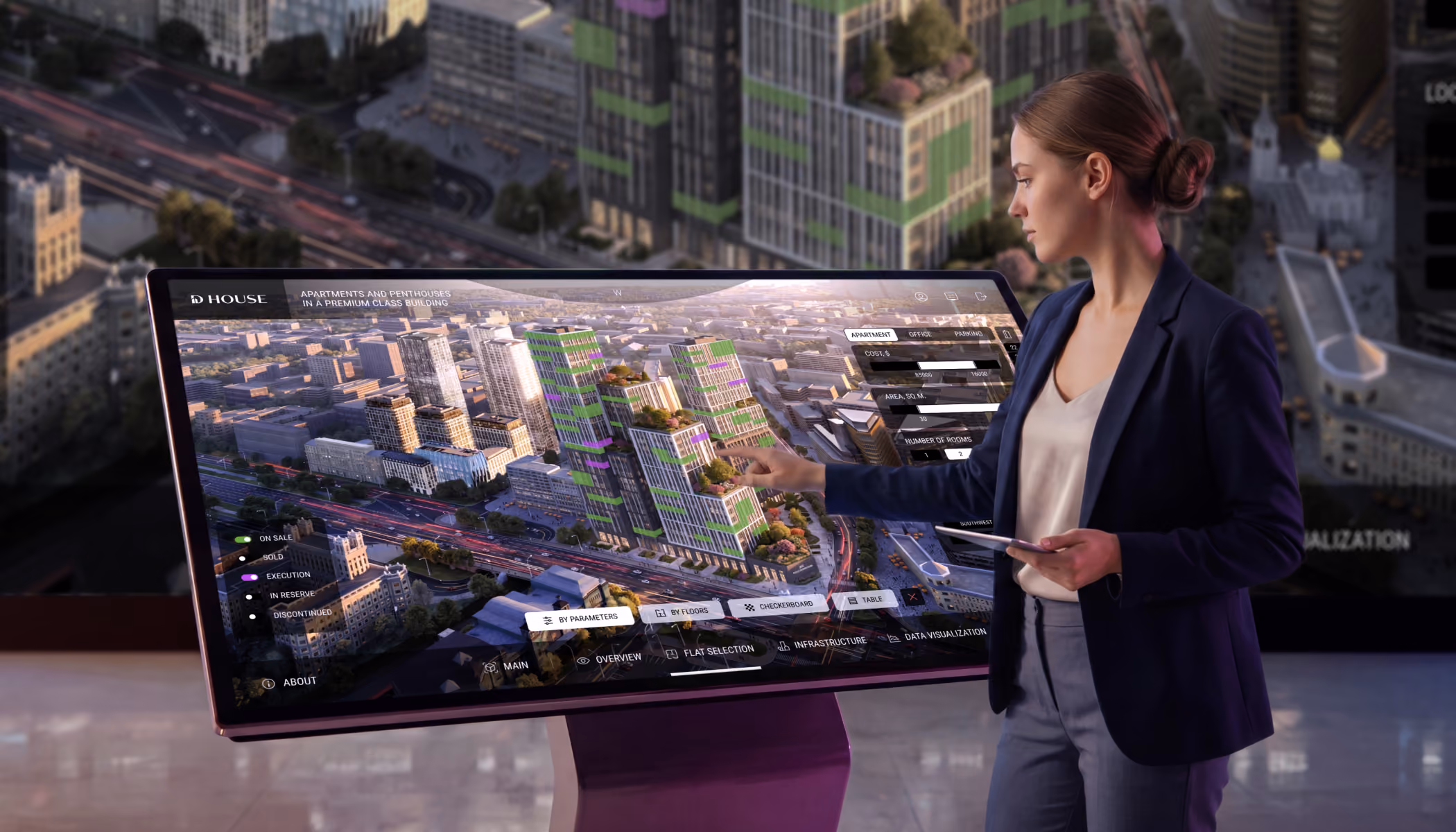 Sales representative presenting apartments on an interactive display with filters and color-coded availability.