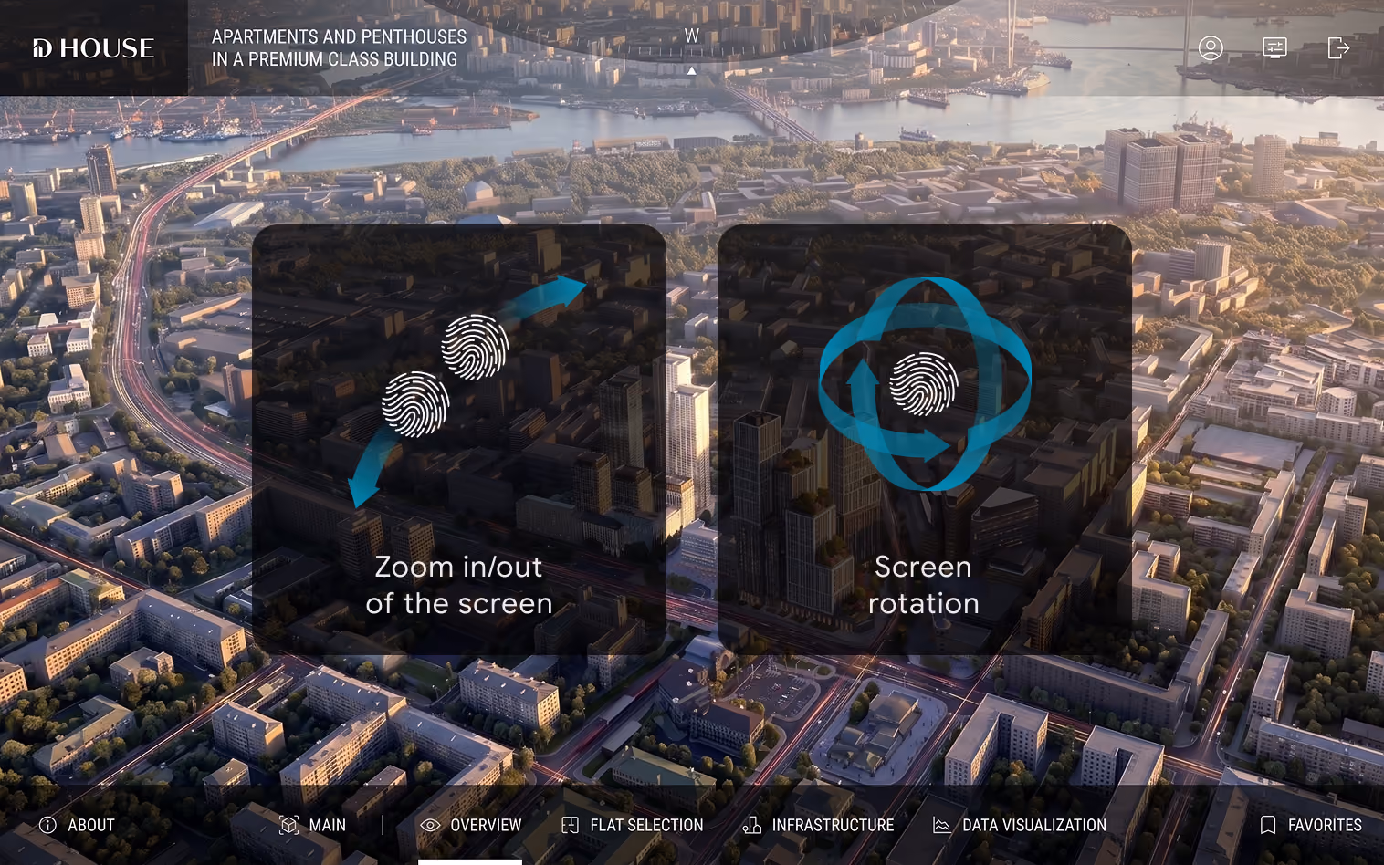 Controls for zooming and rotating a 3D map of a residential complex.