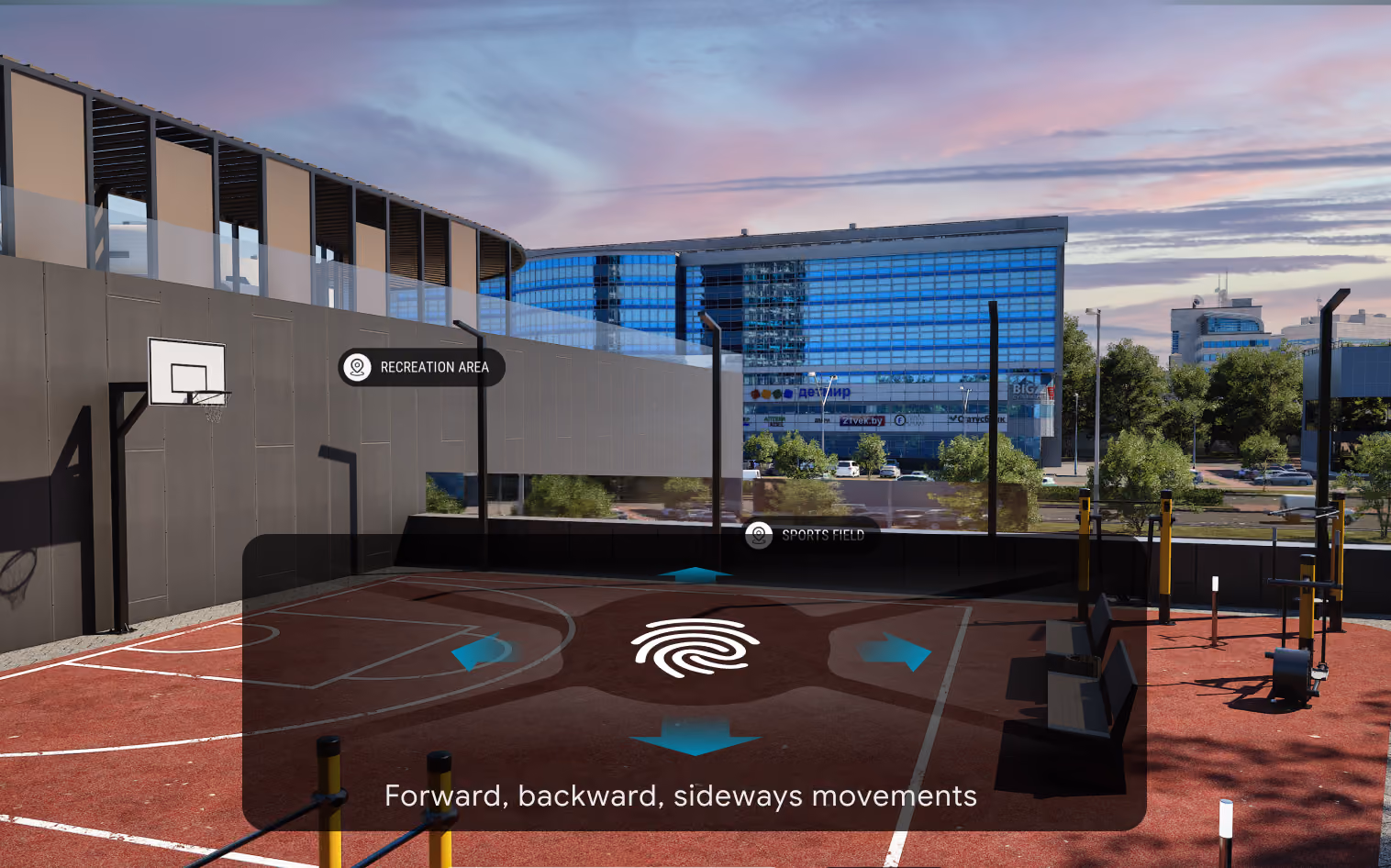 Virtual tour of a sports court with instructions for moving forward, backward, and sideways.