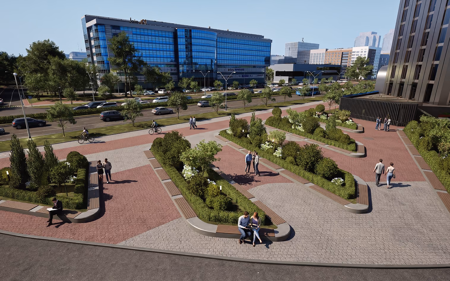 3D visualization of a landscaped pedestrian area beside a residential complex and city street.