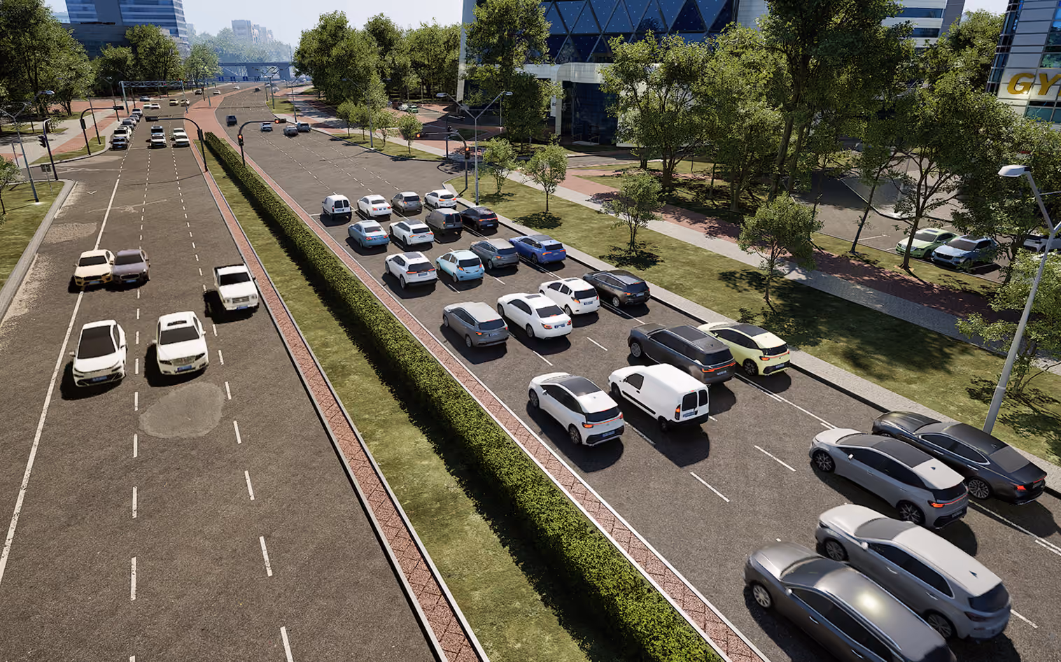 3D visualization of a multilane road with cars and a landscaped median.