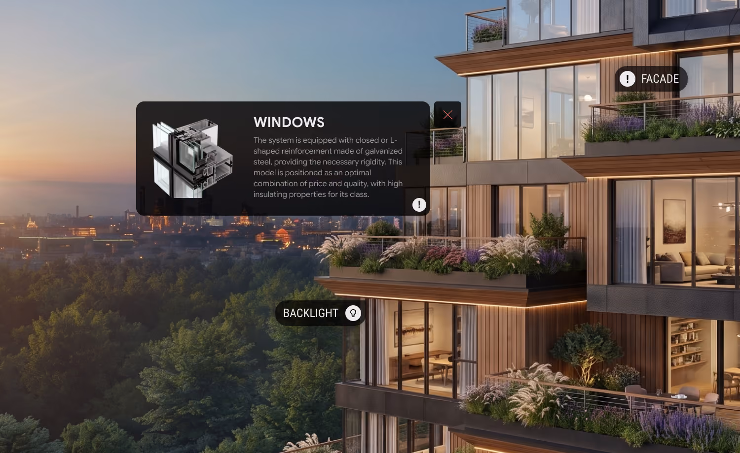 3D view of a residential building facade with an information panel about its windows.