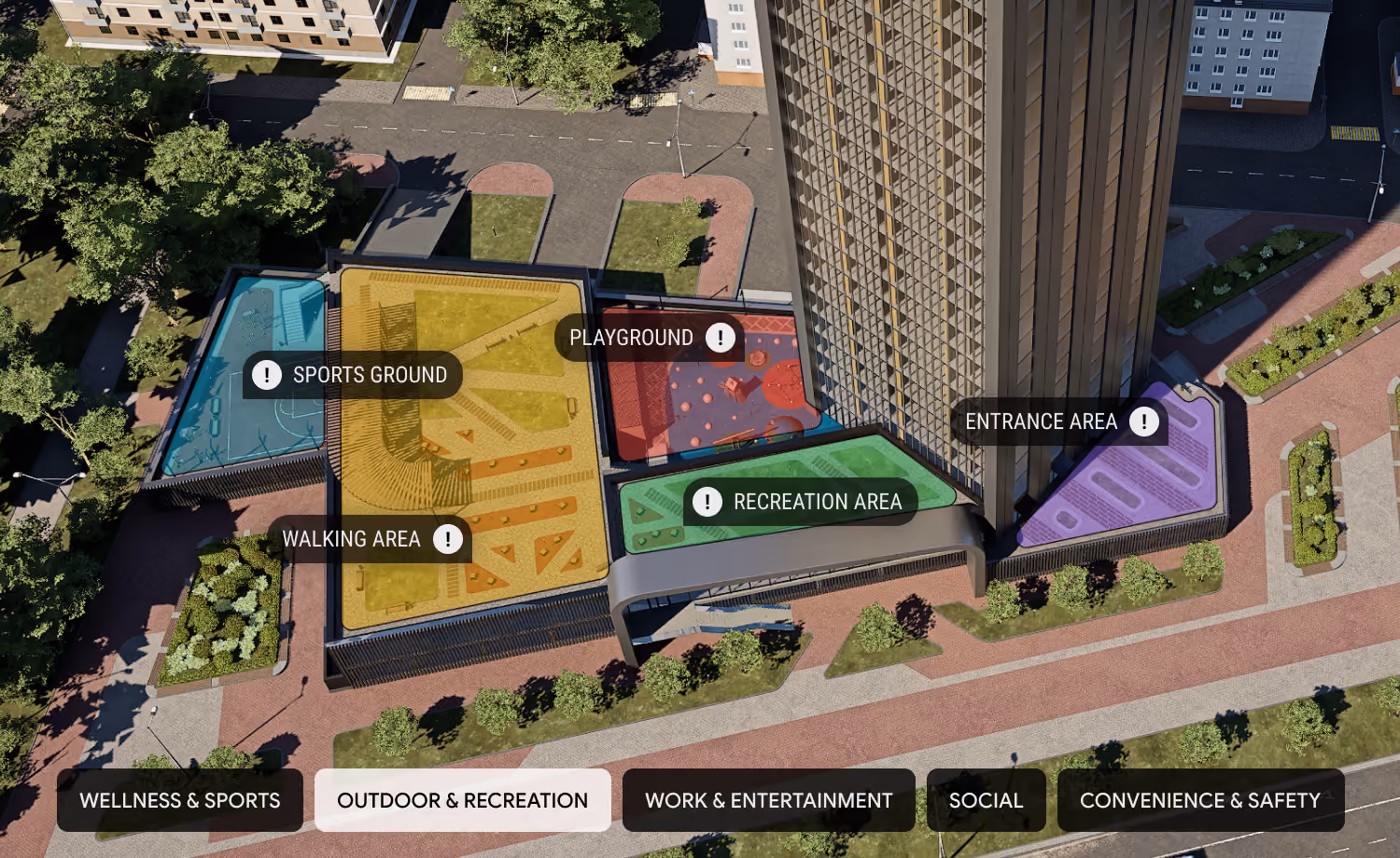 Aerial view of a residential complex highlighting sports, play, and recreation areas.