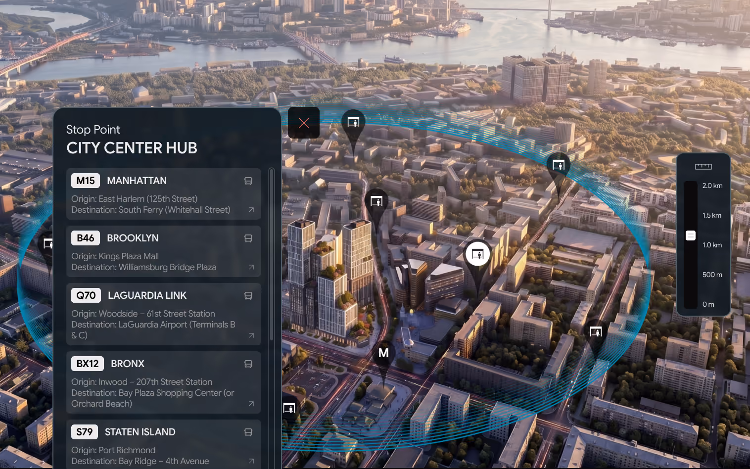 3D city map showing transit stops and bus routes serving City Center Hub.