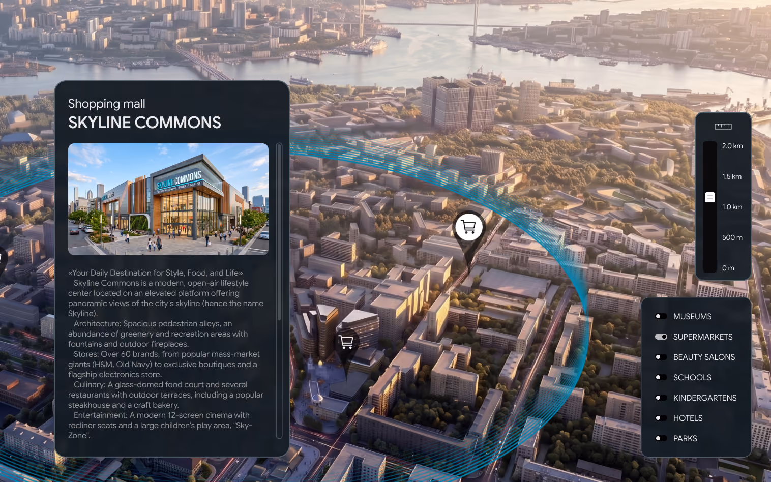 3D city map with a Skyline Commons shopping mall information panel and infrastructure filters.