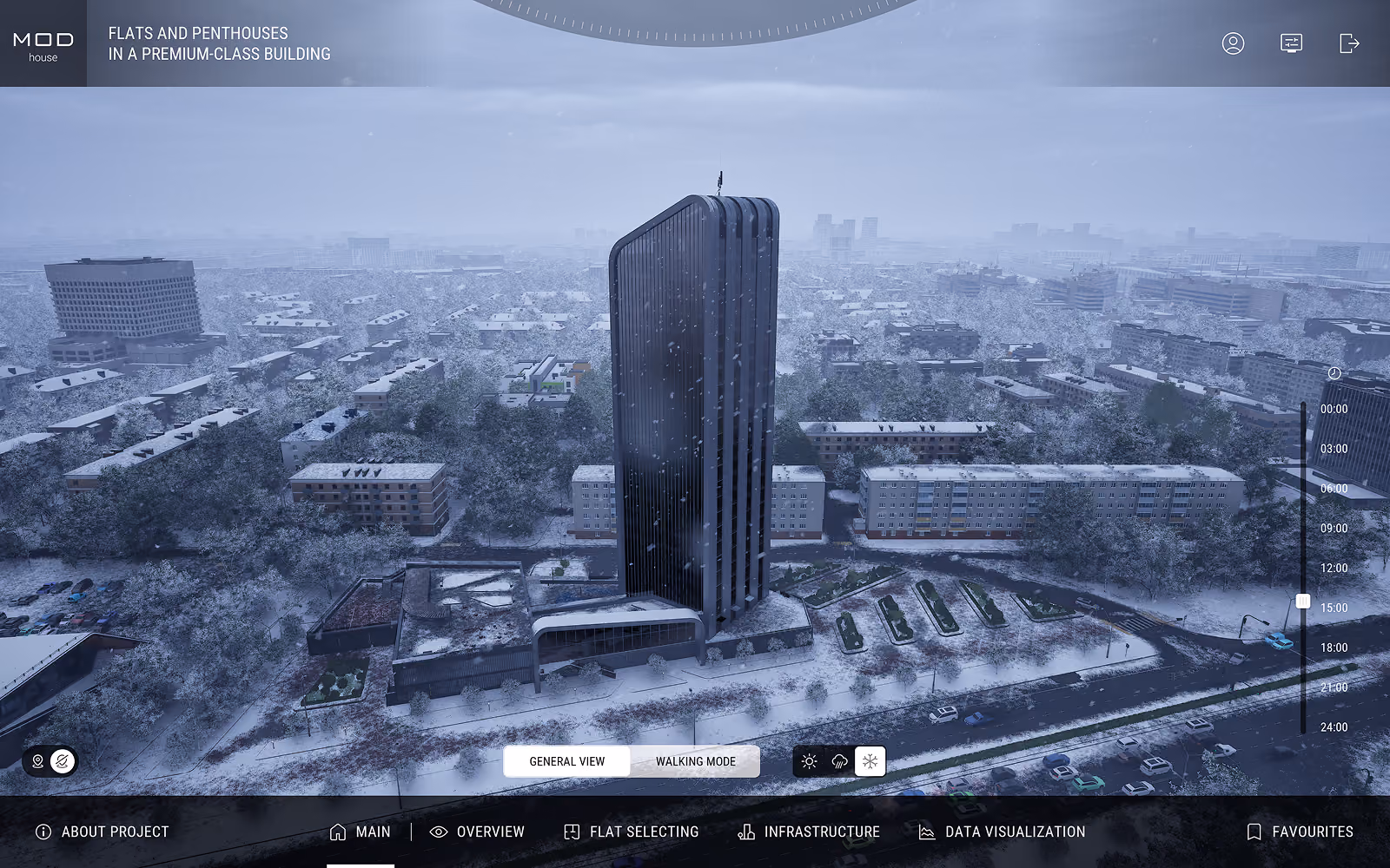 Snow-covered cityscape with a tall, modern, curved black glass skyscraper in the center surrounded by mid-rise buildings and trees, viewed on a digital interface showing options like General View and Walking Mode.