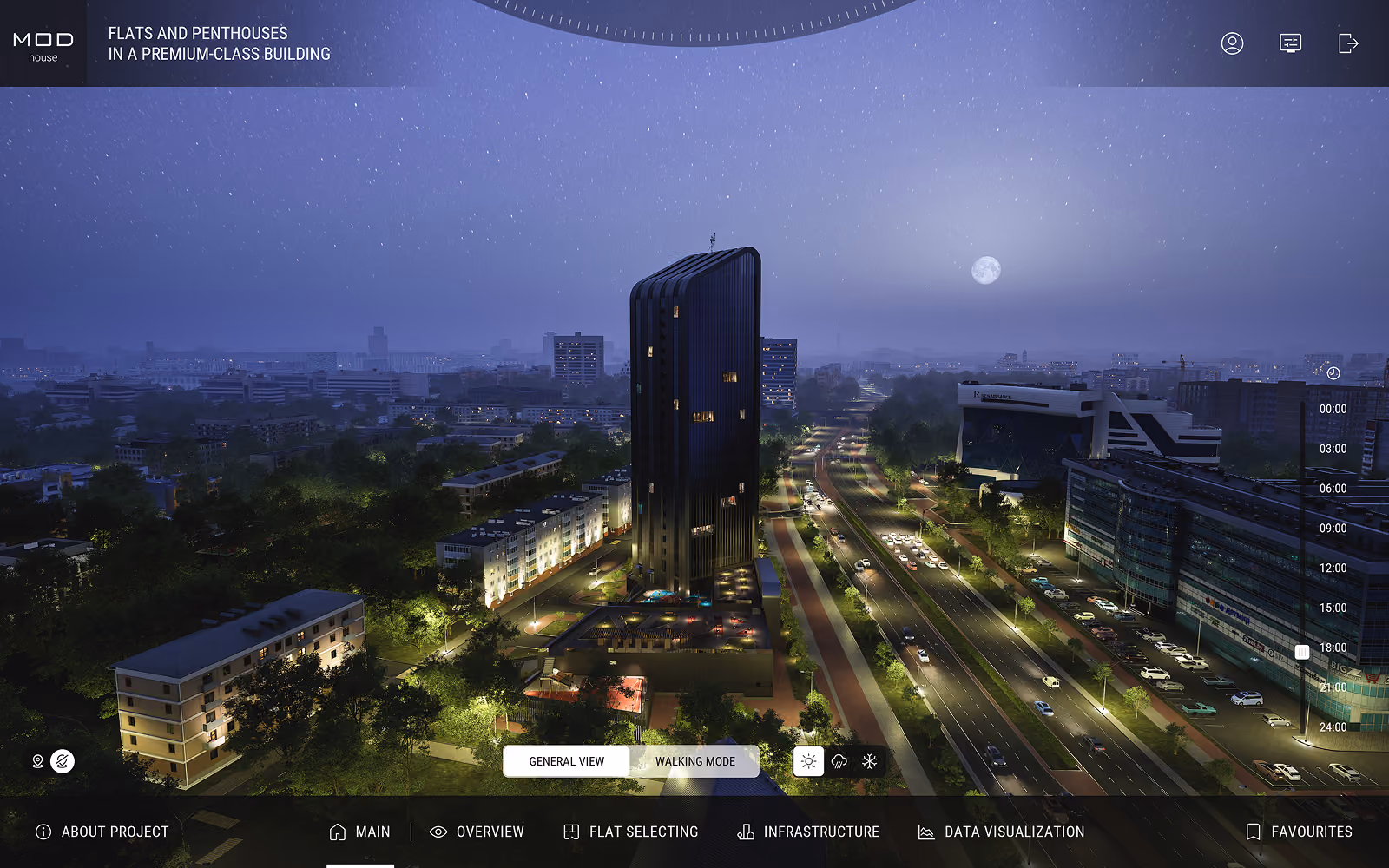 Nighttime aerial view of a modern cityscape featuring a tall, dark, uniquely curved building surrounded by smaller buildings and illuminated streets with cars, under a starry sky with a full moon.