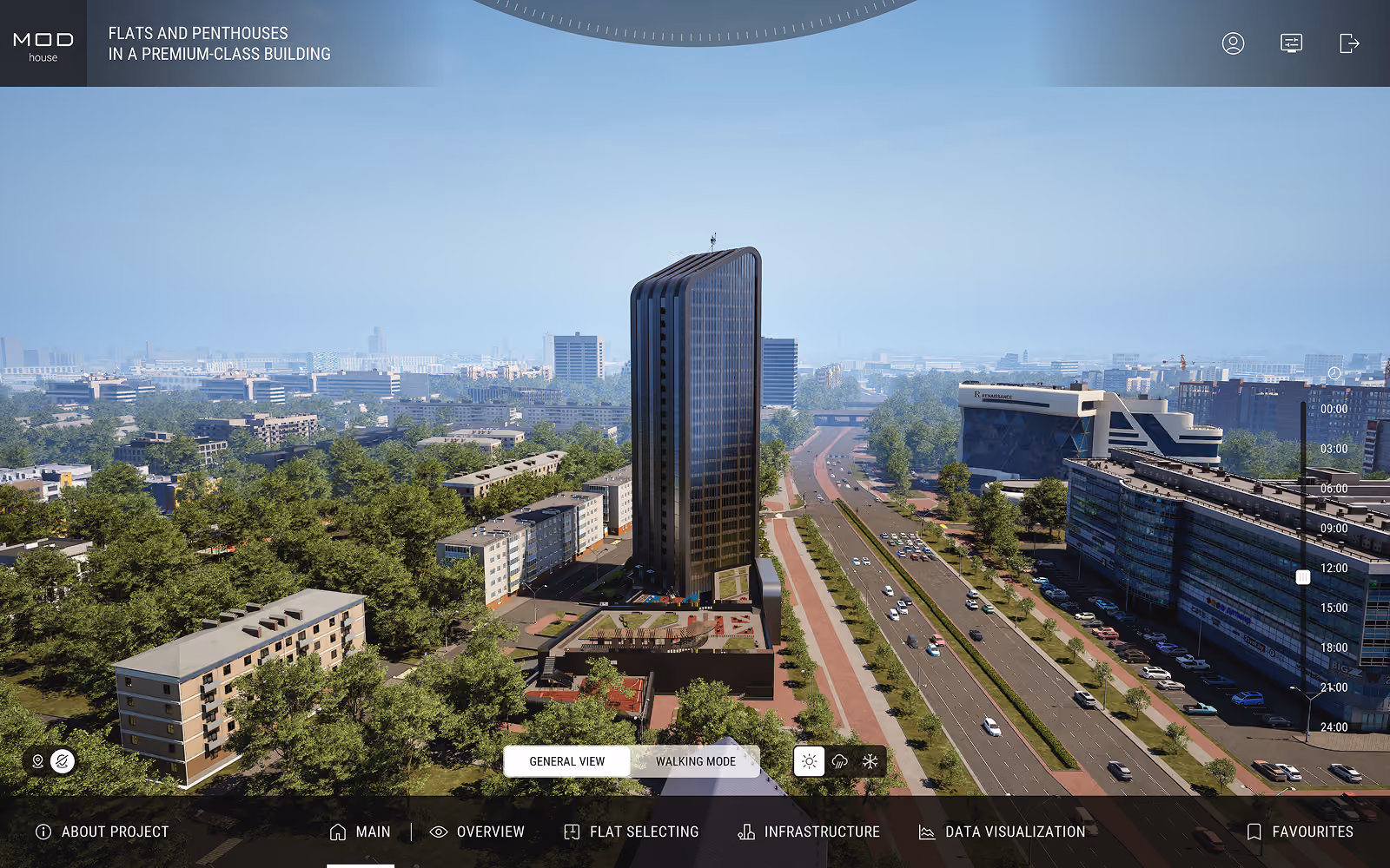 Aerial view of a tall, modern black glass residential building surrounded by greenery and roads with moving cars, with smaller buildings nearby under a clear blue sky.