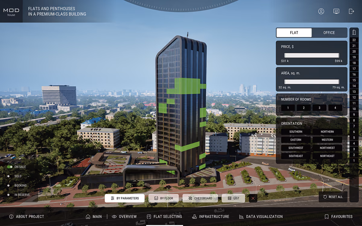3D model of a residential building with highlighted apartments and filters for price, area, floor, and orientation.