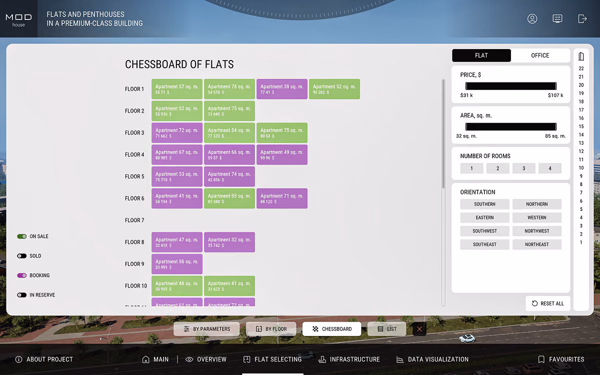 Apartment availability grid with color-coded units arranged by floor.