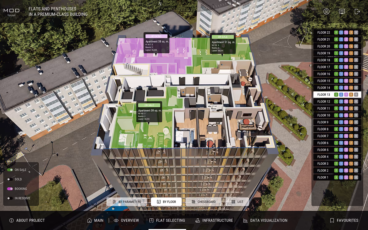 3D floor plan of a residential building with available apartments highlighted in green and a booked apartment in purple.