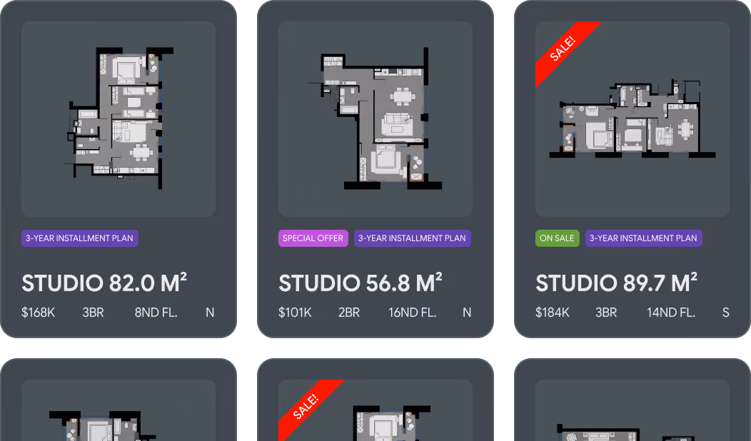 Grid of six dark cards showing studio apartment floor plans with details including size in square meters, price in thousands, number of bedrooms, floor level, directional orientation, and labels like 3-year installment plan, special offer, and on sale.