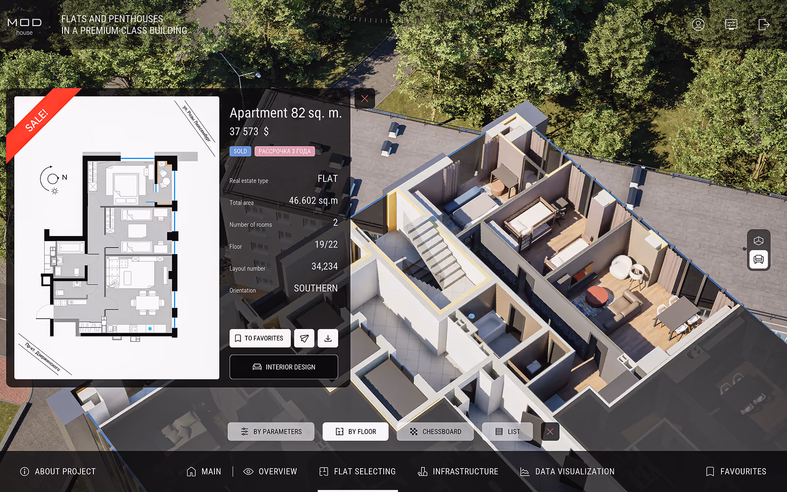 3D rendered floor plan and layout of an 82 sq. m apartment with two bedrooms, a living room, kitchen, and bathroom, surrounded by trees outside. The interface shows the apartment is sold, with southern orientation on the 19th floor of a 22-floor building, listed at 37,573 dollars. The plan features labels for total area, number of rooms, floor, and layout number, plus buttons for favorites and interior design options.