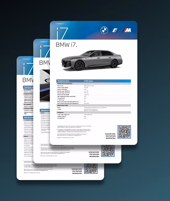 Generated BMW i7 specification sheets with a vehicle image and technical details.