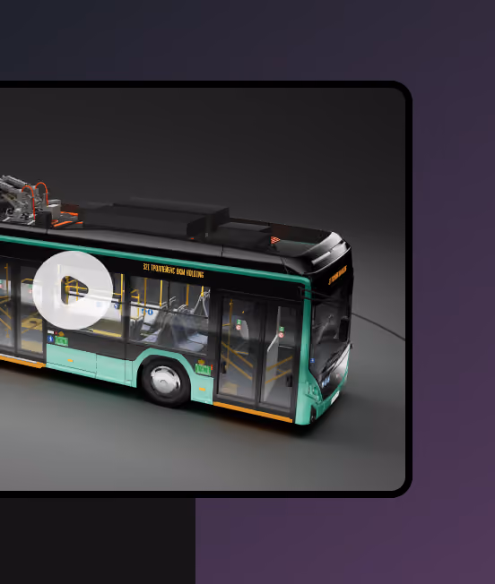 Video thumbnail showing a 3D model of an electric bus with a play button.