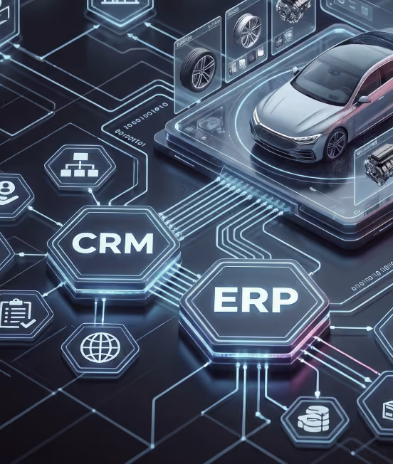 Illustration of a 3D car configurator connected to CRM and ERP systems.