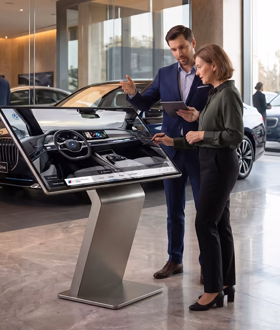 Sales representative and customer explore a BMW interior on an interactive showroom display.