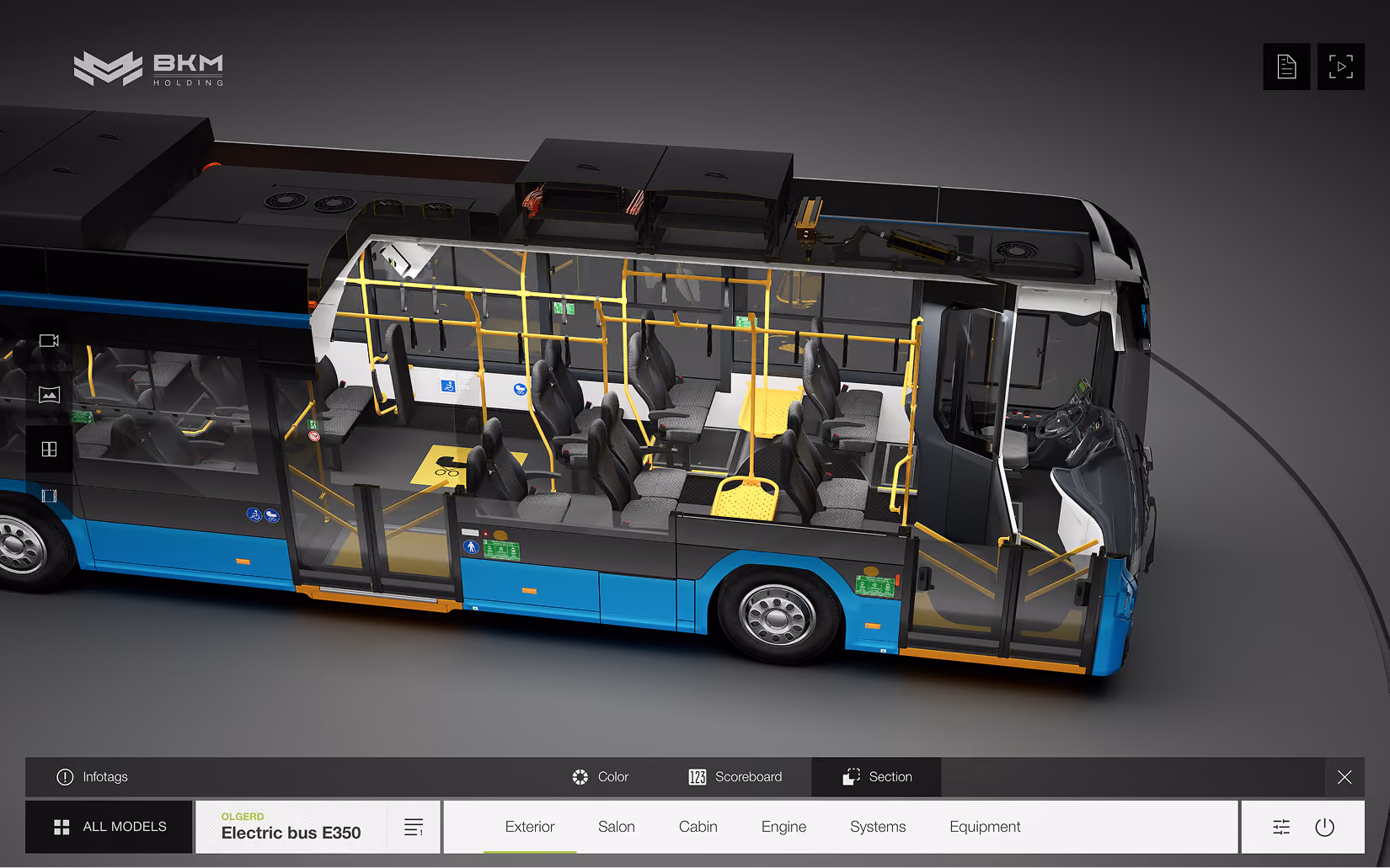 Electric bus E350 3D configurator showing a cutaway view of the seats, handrails, and driver’s cab.