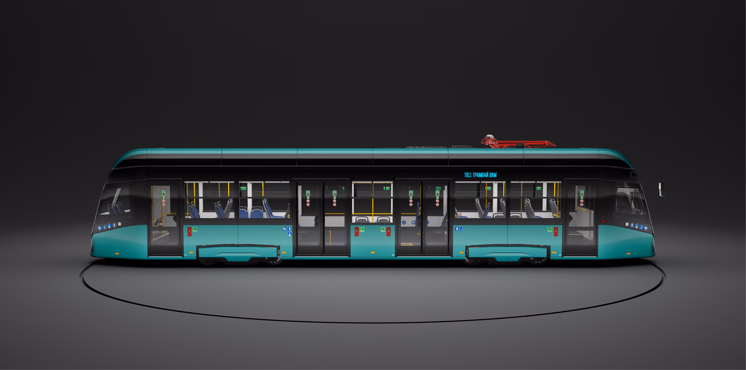 Side view of a turquoise tram 3D model against a dark background.