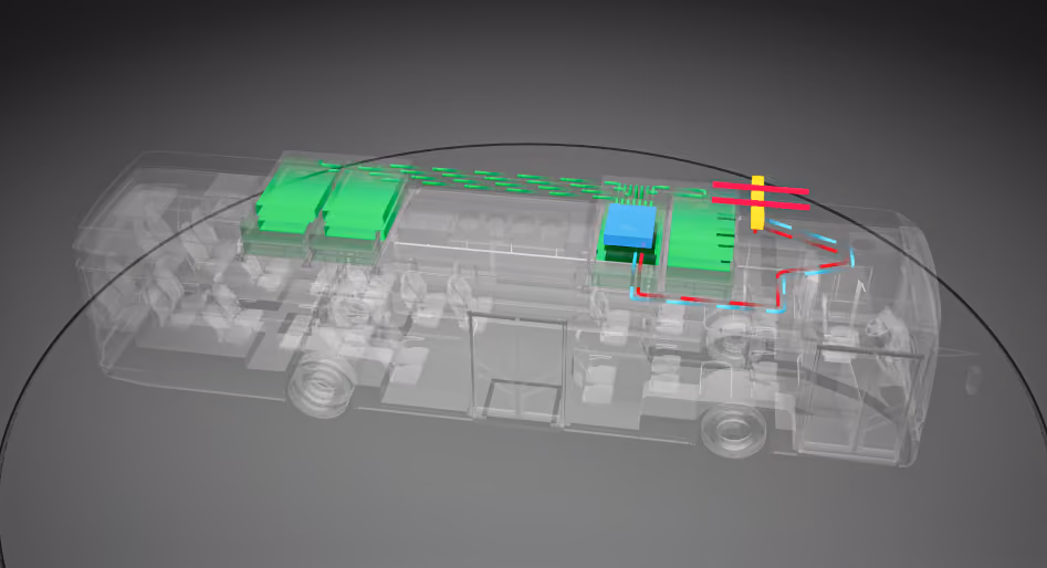 Transparent 3D model of an electric bus showing connections between roof-mounted components.