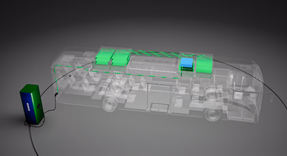Transparent 3D model of an electric bus connected to a charging station by cable.