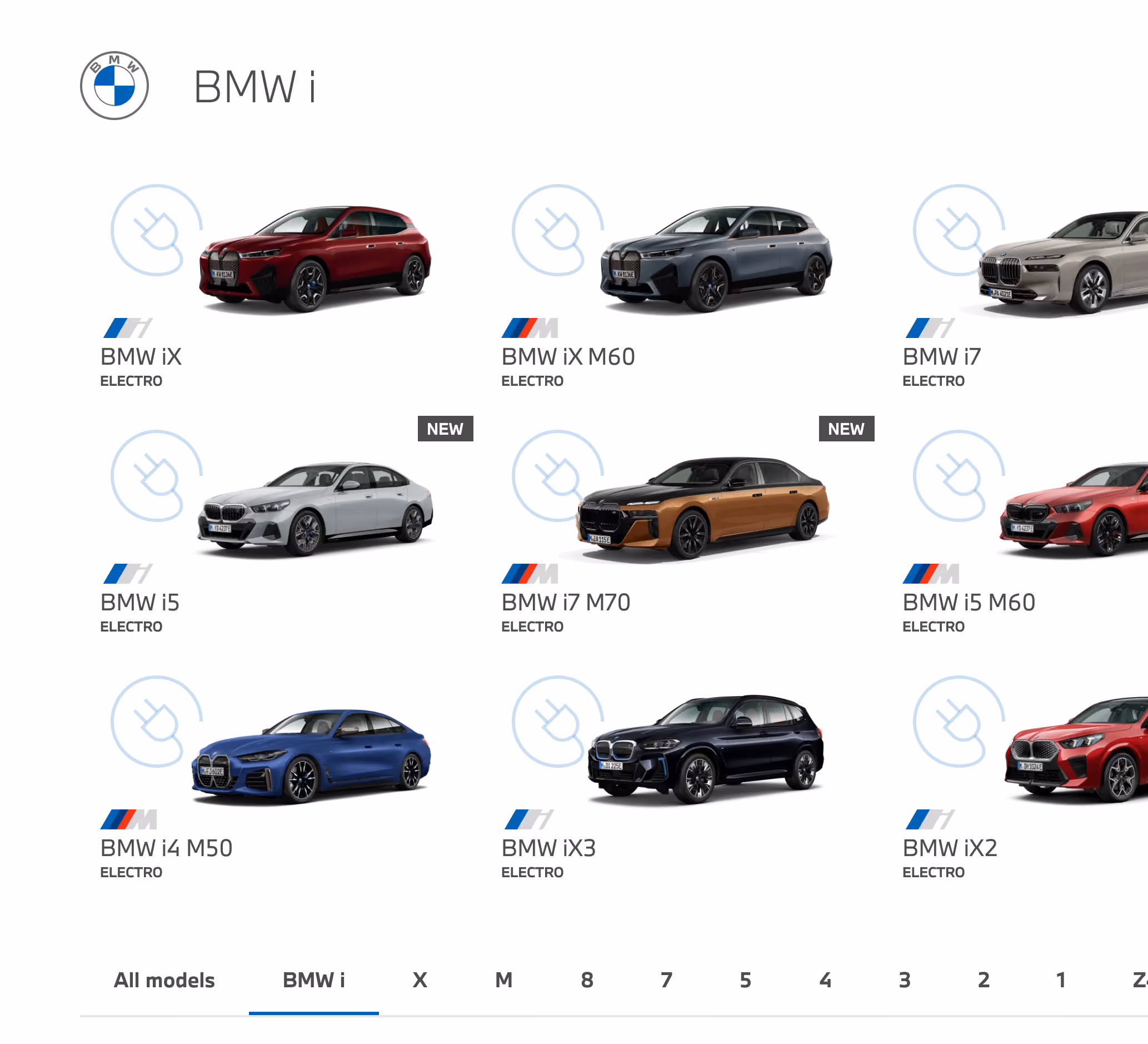 BMW i electric vehicle catalog showing car models and series navigation.