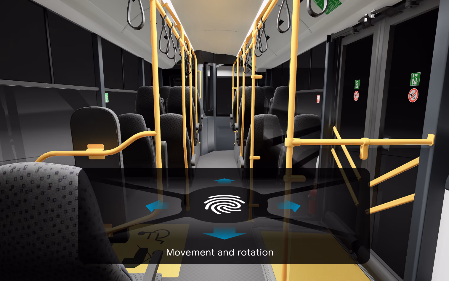 3D bus interior with seats, yellow handrails, and controls for moving and rotating the view.