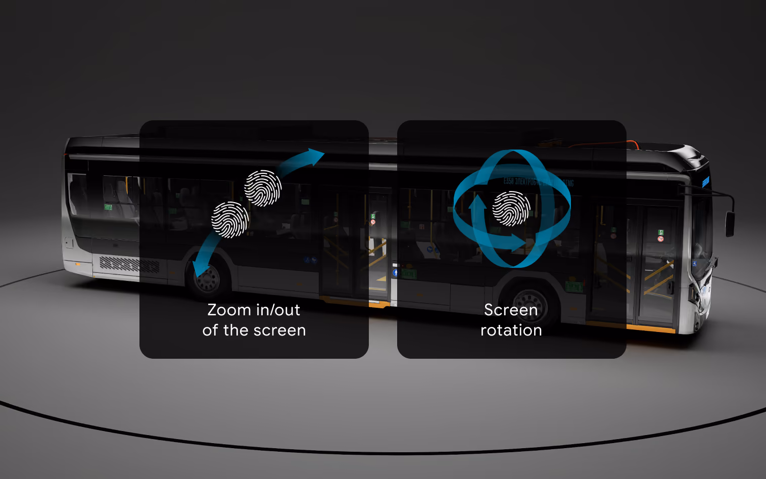 3D model of a city bus with gesture controls for zooming and rotating the model.