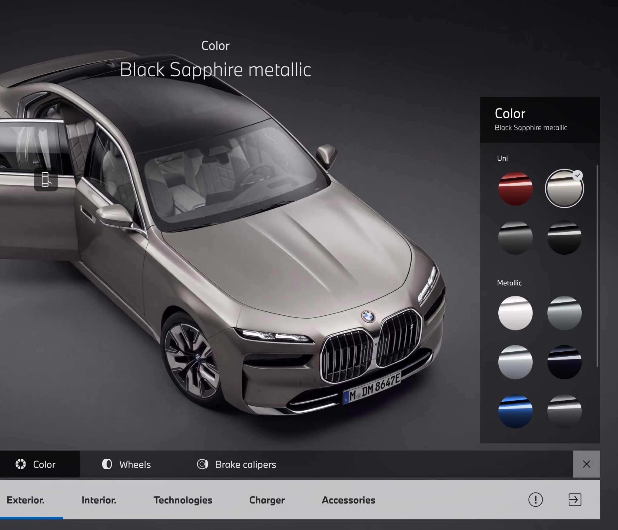 BMW 3D configurator showing the car from a front angle, with a body color selection panel on the right.