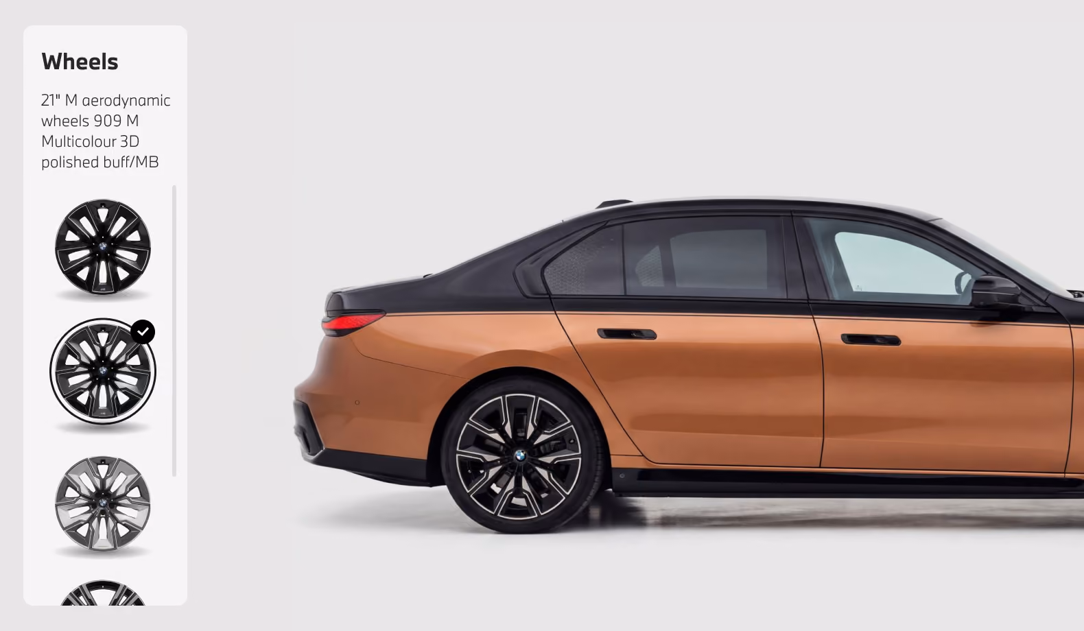Car 3D configurator showing a two-tone BMW sedan from the side, with wheel options on the left and the selected design marked.