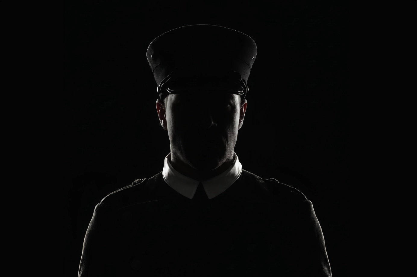 Silhouetted security operator in uniform against a dark background, representing discreet client intake and protective coordination for Megalodon.