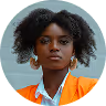 Portrait of a serious young woman with natural curly hair wearing an orange and white outfit.
