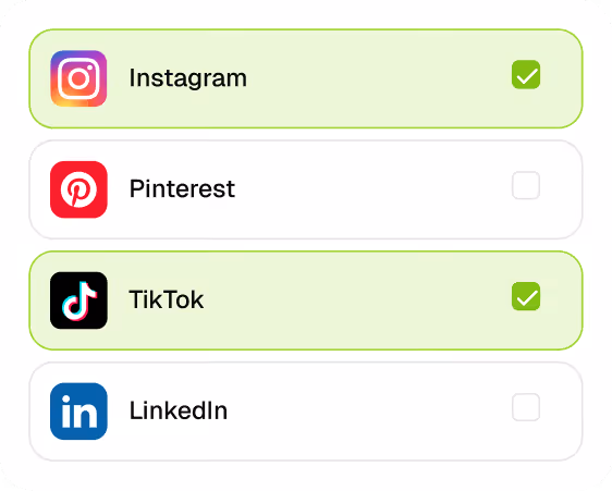 App list with Instagram and TikTok selected, Pinterest and LinkedIn unselected checkboxes.