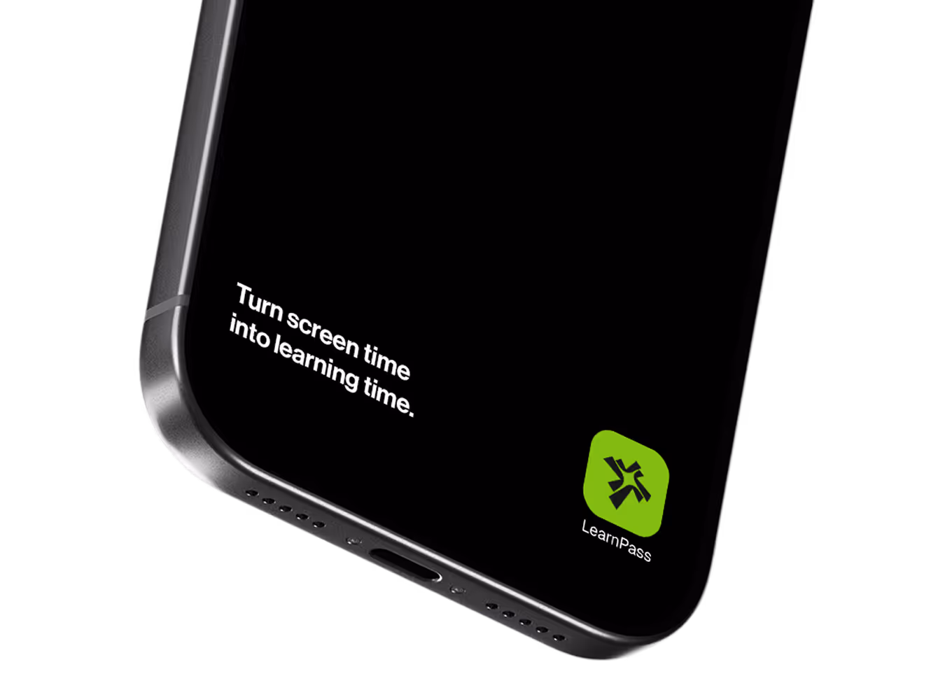 Smartphone screen showing LearnPass app icon and text: Turn screen time into learning time.