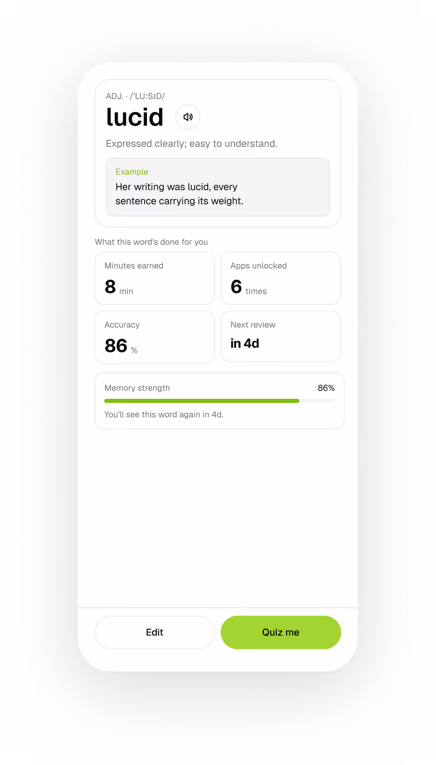 Mobile app screen showing definition and example of the word 'lucid' with usage stats and quiz button.