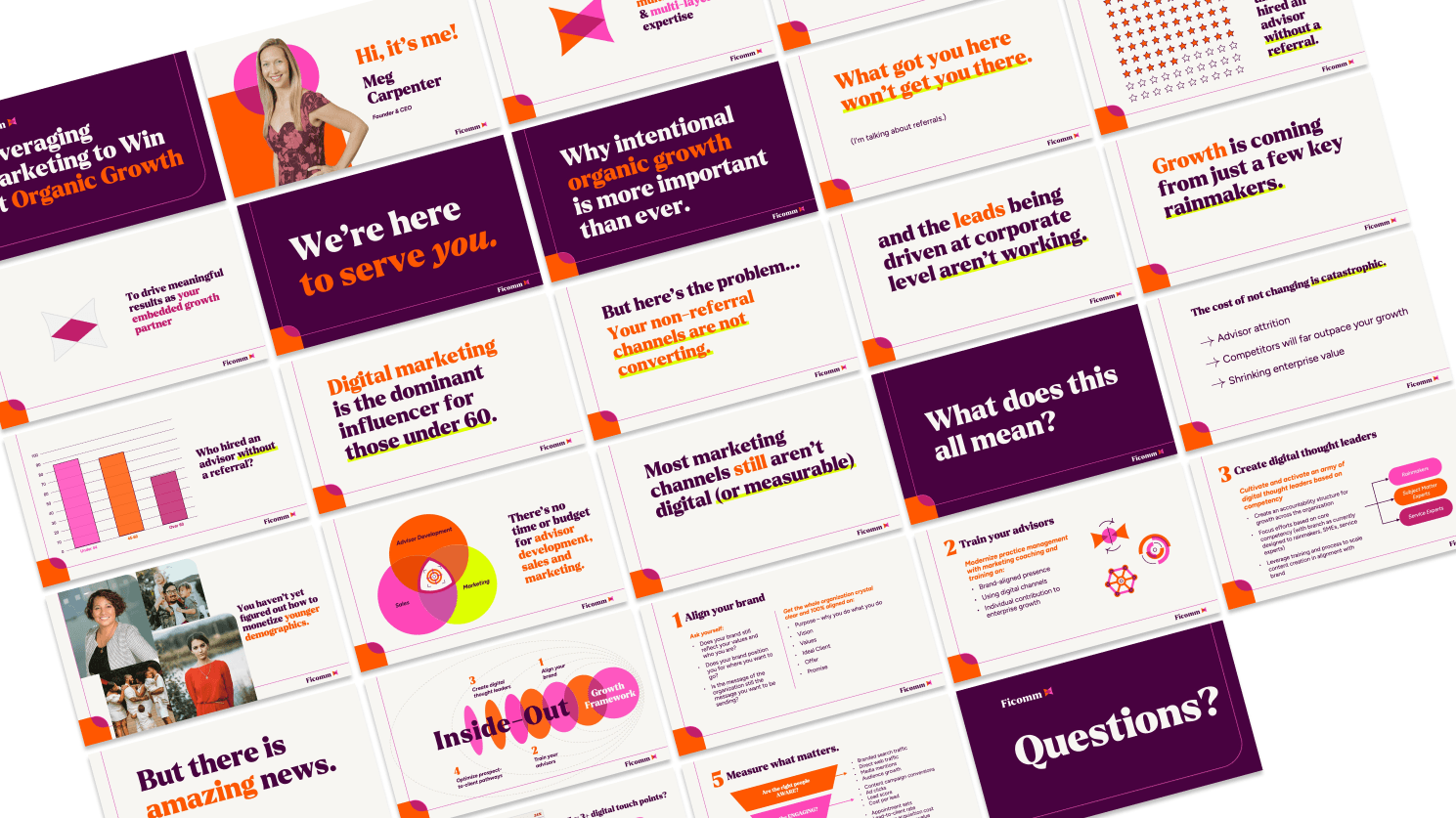 Ficomm presentation revamp: rebuilt on-brand templates for speed, clarity, adoption.