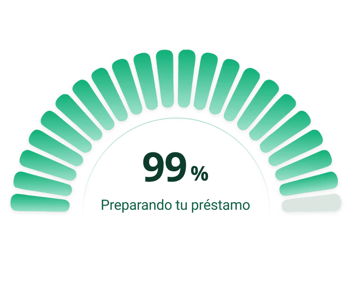 Medidor semicircular verde mostrando 99% y texto Preparando tu préstamo
