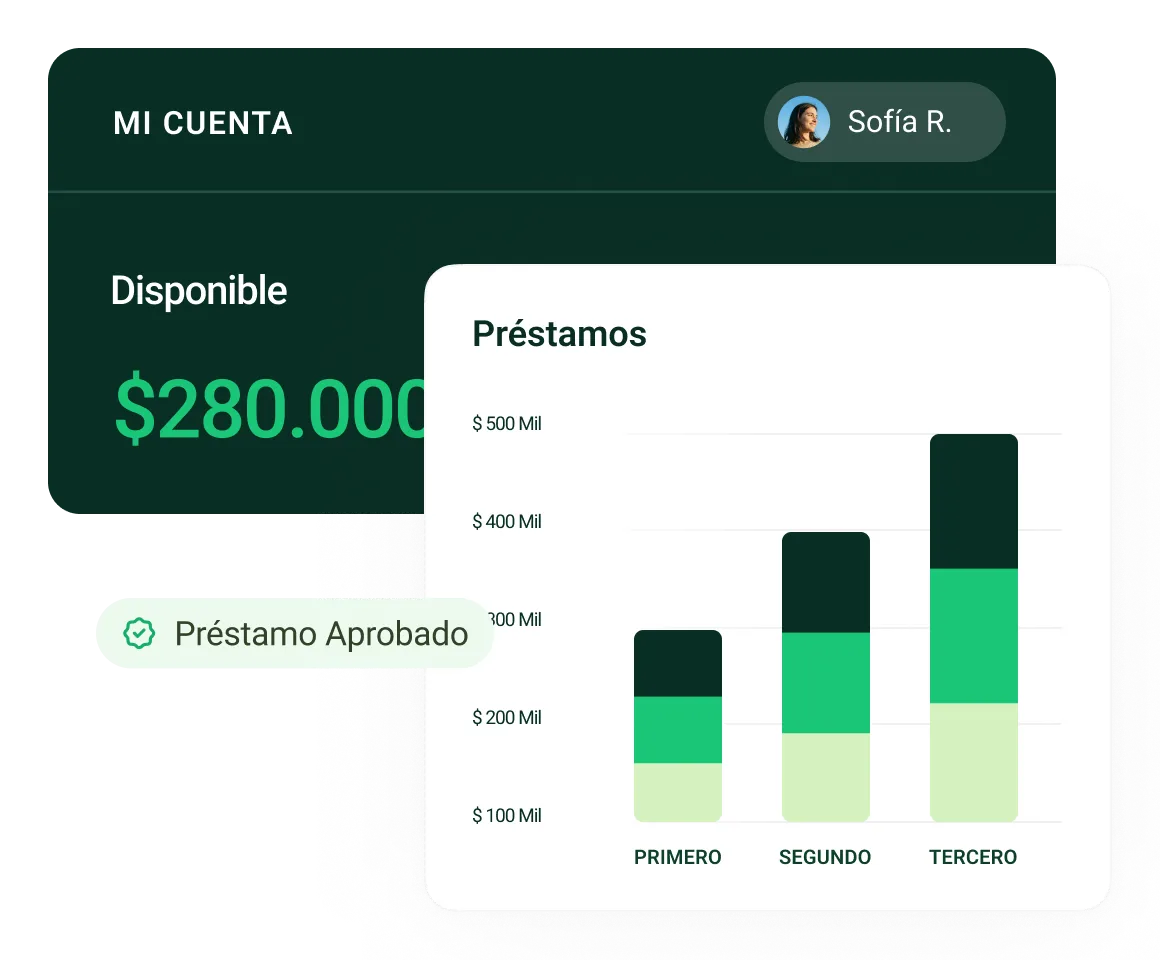 Gráfico de barras apiladas con 3 préstamos marcados en millones de pesos; tarjeta que muestra que Sofía tiene disponible un préstamo de $280.000 con un aumento del 3,5%.