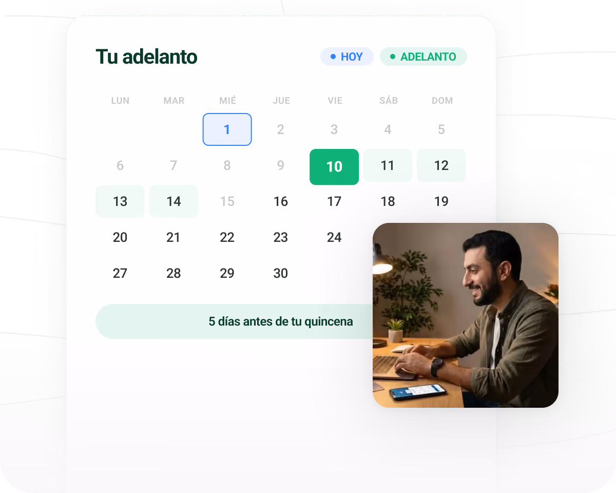 Calendario de fechas destacadas y hombre sonriente trabajando en computadora.