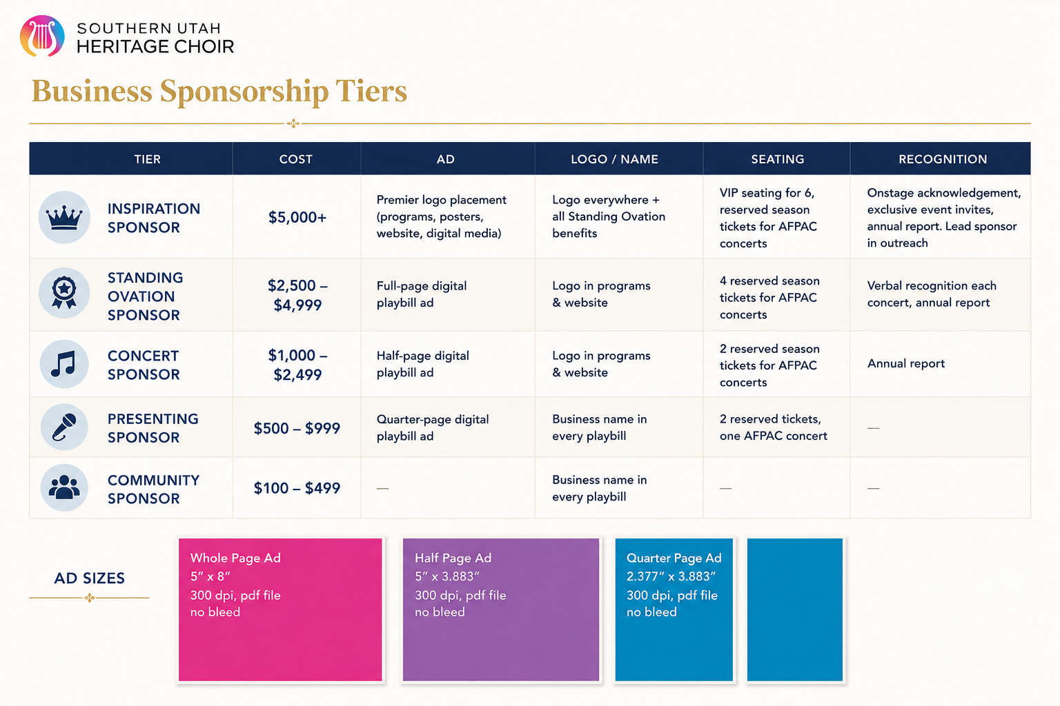 Southern Utah Heritage Choir business sponsorship levels