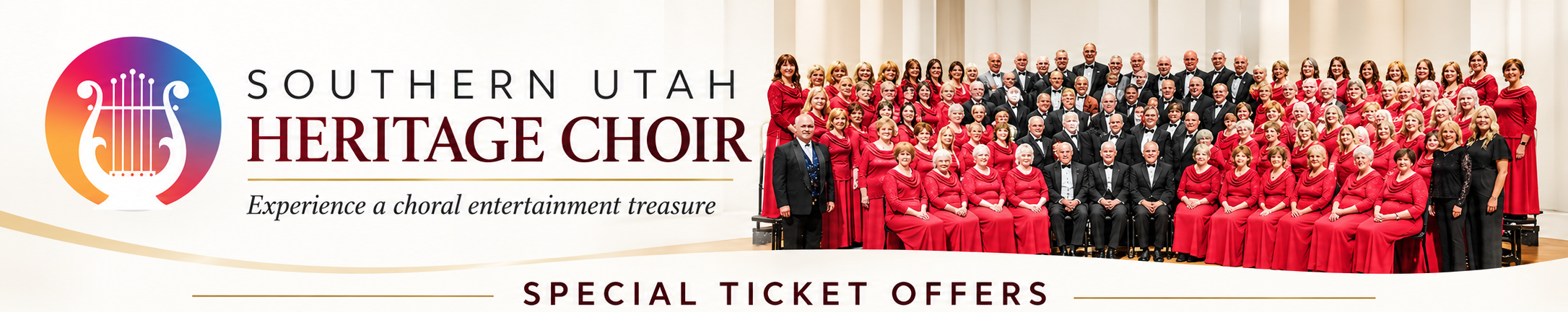 Southern Utah Heritage Choir group photo with members dressed in red and black on stage, and text offering special ticket deals: Buy 1, Get 1 50% Off with Dixie Direct card at UT Tech Ticket Office, and 10% Off every ticket after at heritagechoir.org using code SUHCDD.
