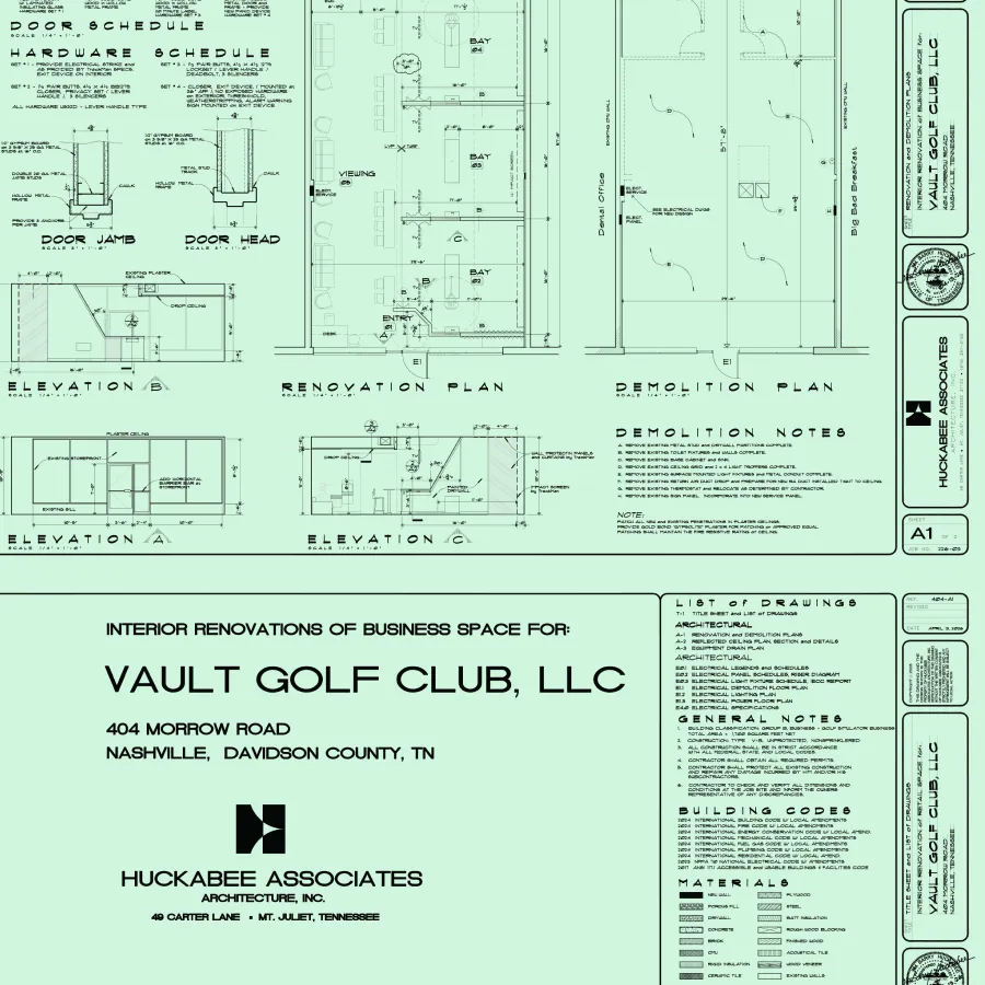 Architectural plans and notes for interior renovations at The Vault Golf Club in Nashville, Tennessee.