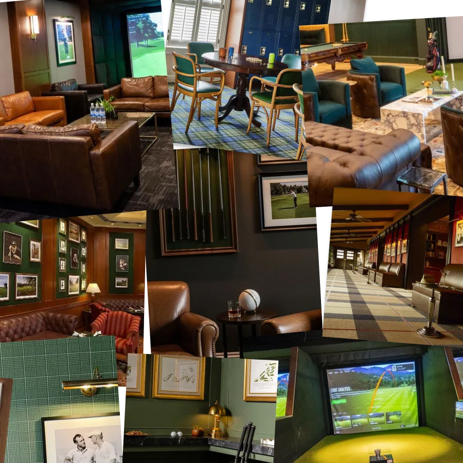 Collage of upscale golf lounge interiors with leather seating, framed golf art, and a golf simulator.