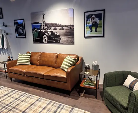 Collage of upscale golf lounge interiors with leather seating, framed golf art, and a golf simulator.
