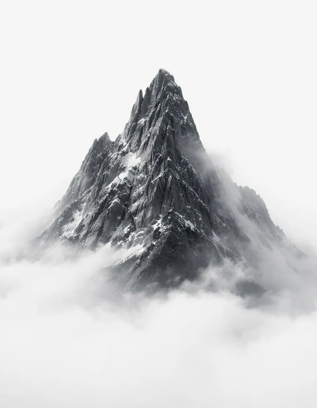 Jagged snow-covered mountain peak rising above dense clouds.