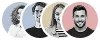 Four circular portrait photos of smiling men arranged horizontally with different colored backgrounds.