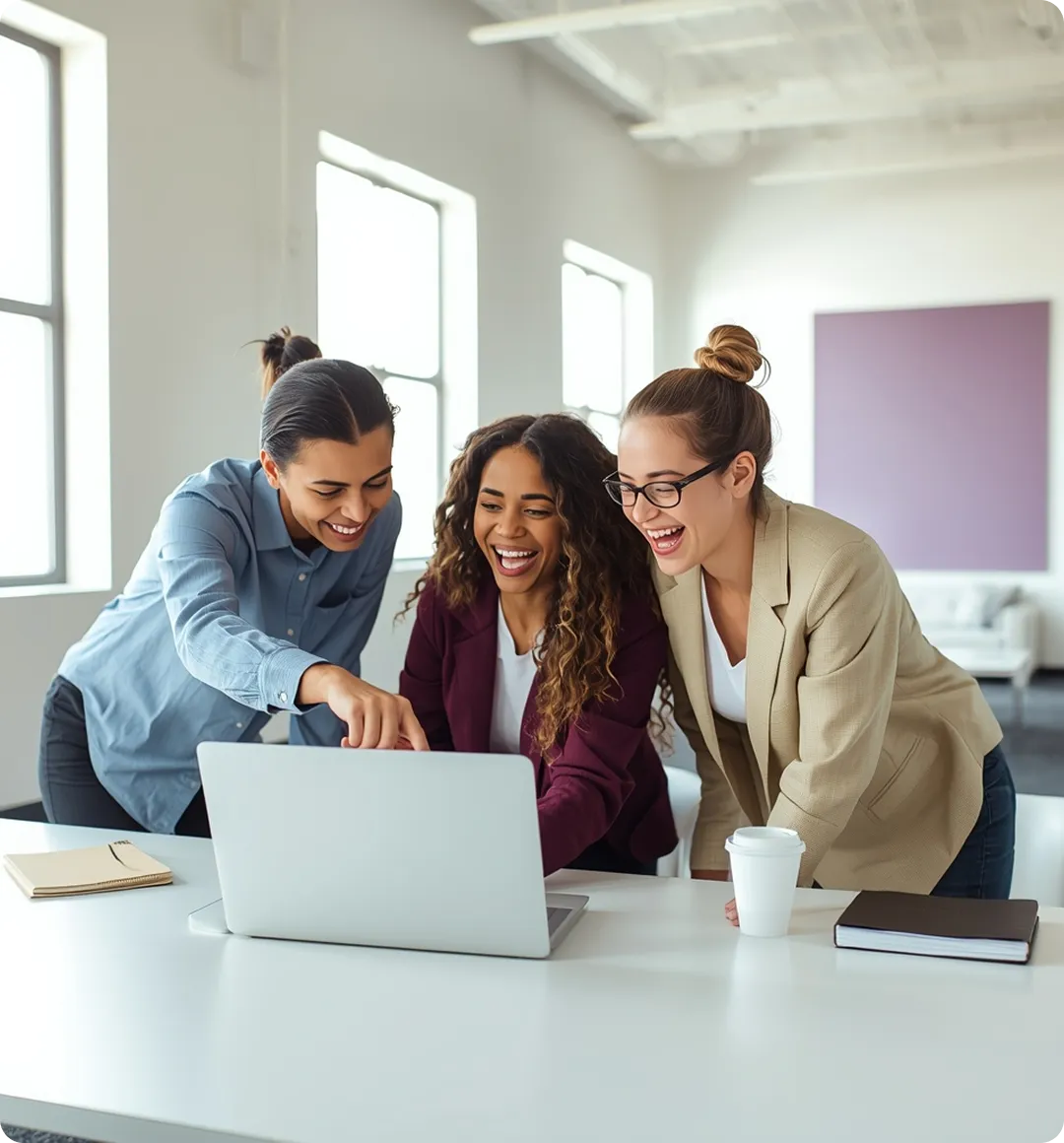 Three diverse women smiling and looking at a laptop screen in a bright office.