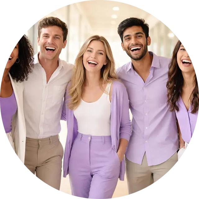 Group of five young adults smiling and standing close together, wearing shades of purple and white clothing.