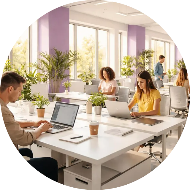 Open office space with diverse people working on laptops at white desks surrounded by green plants and large windows.