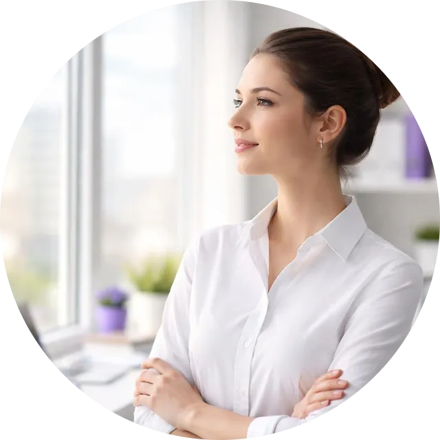 Young woman with dark hair in a white blouse looking out a large window with folded arms in a bright office setting.